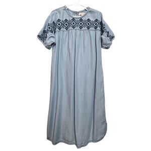 Pink Chicken Girls Chambray Embroidered Dress Size 12Y Knee Length Lightweight